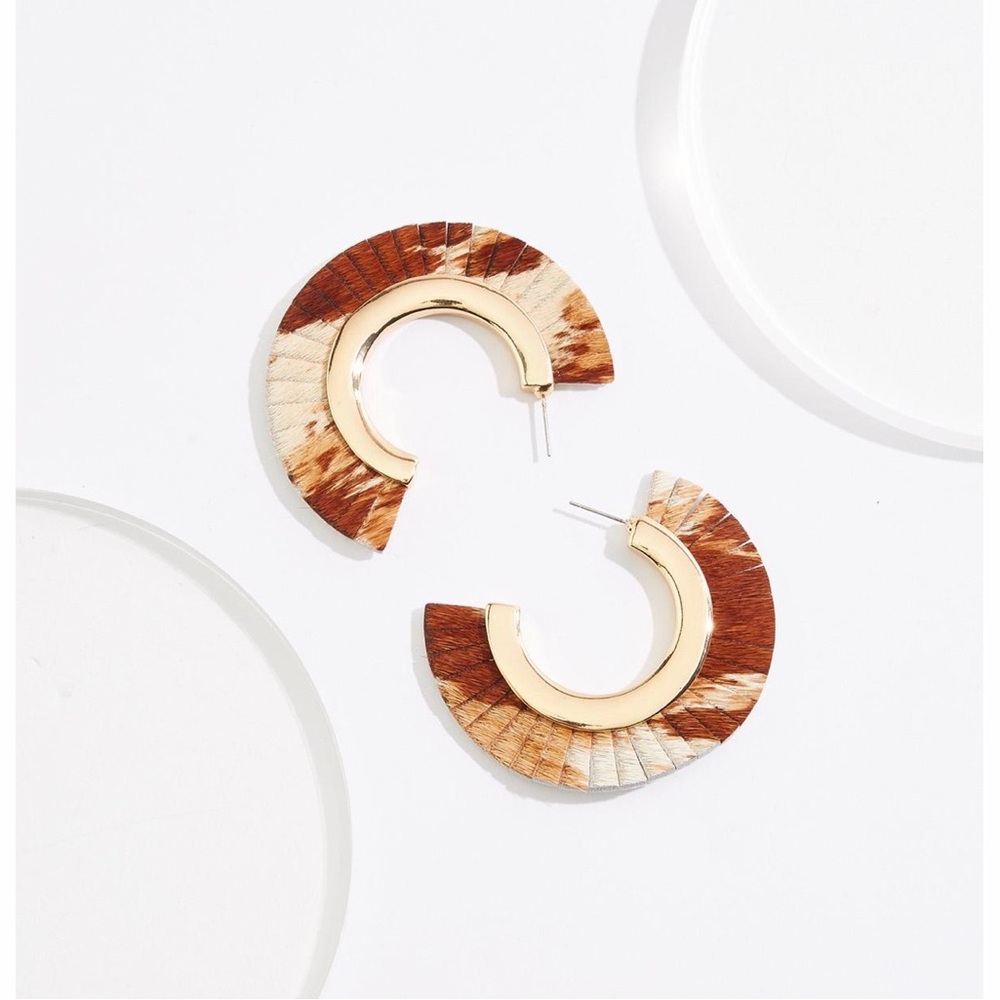 Gold and Brown fur leather Half-Hoop Earrings